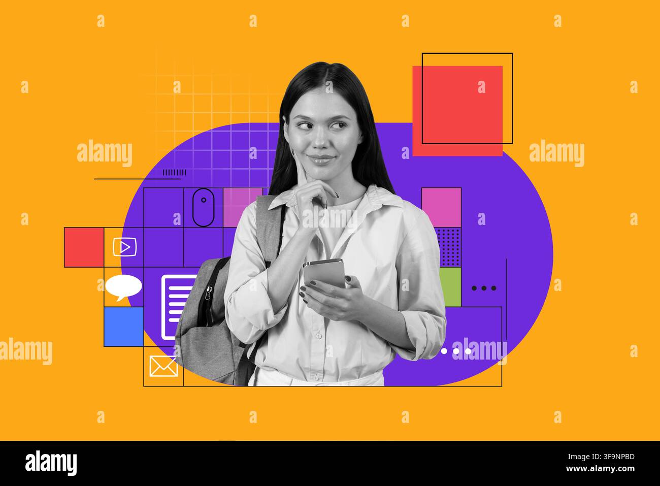 Thoughtful Asian Woman Using Smartphone In Office, Business Concept Stock Photo