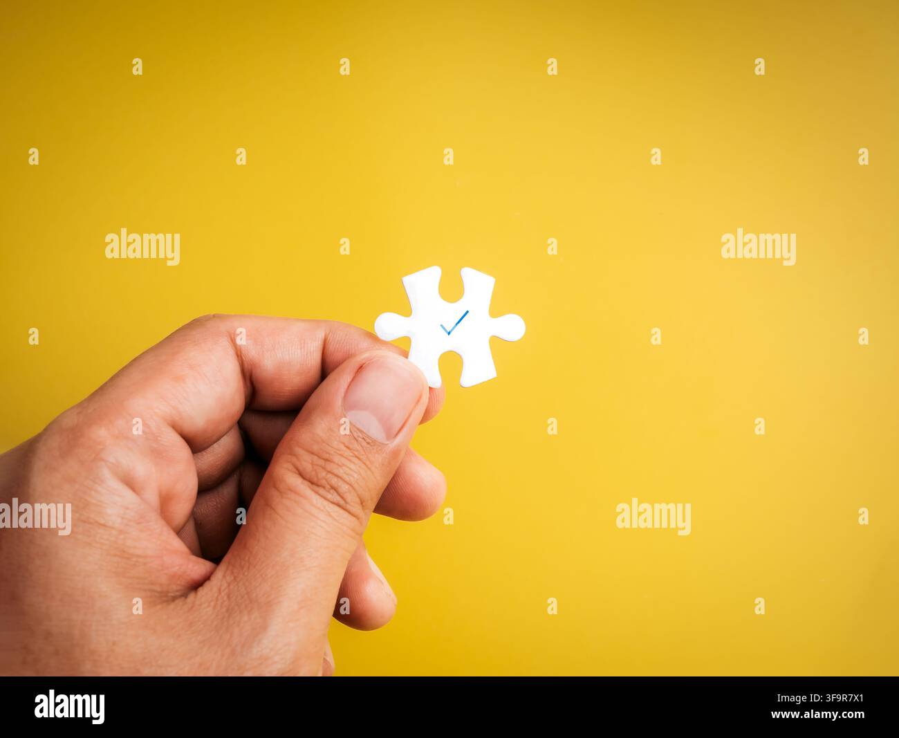 Hand holding a puzzle piece with blue check mark. Business solutions, perfect fit, problem solving, talent acquisition, quality management, strategic Stock Photo