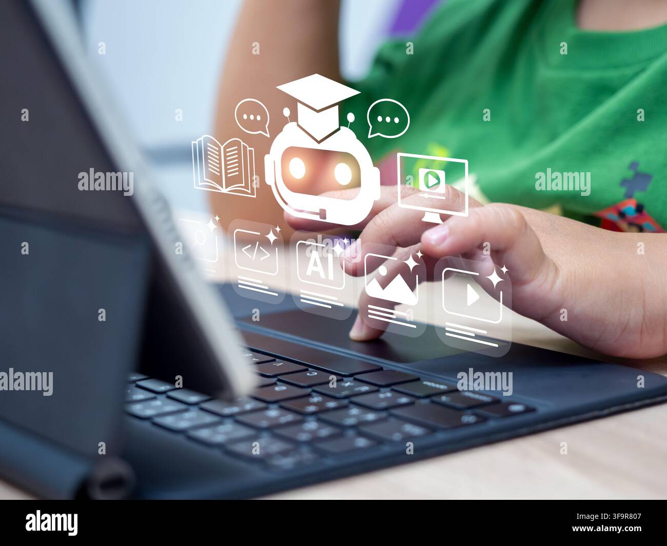 Child learning online with an AI tutor on digital tablet, using an AI assistant for personalized learning, coding skills, STEM education, interactive Stock Photo