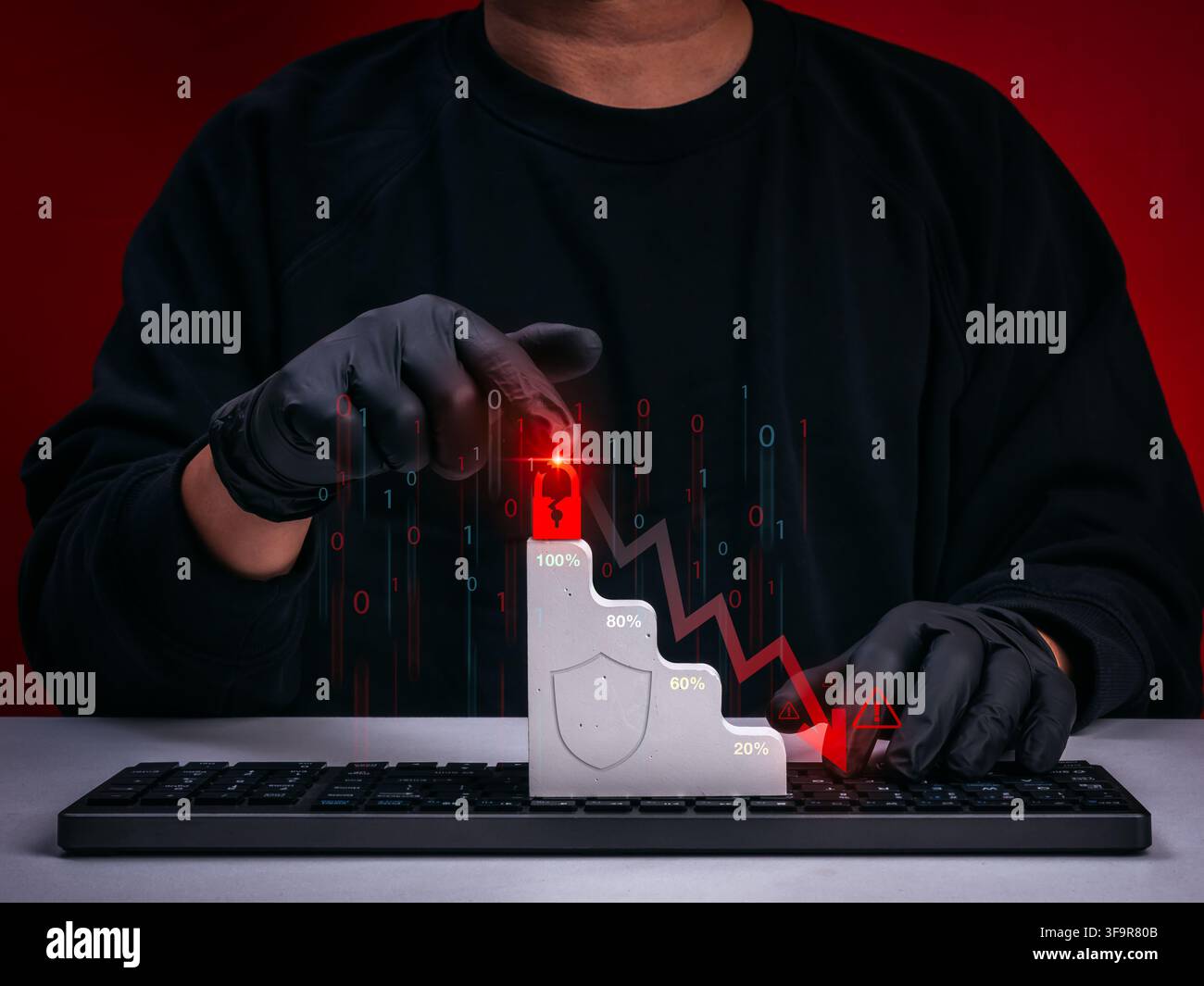 Cybersecurity concept with hacker exploiting security vulnerability with declining protection level. Data breach, ransomware, zero trust, threat detec Stock Photo
