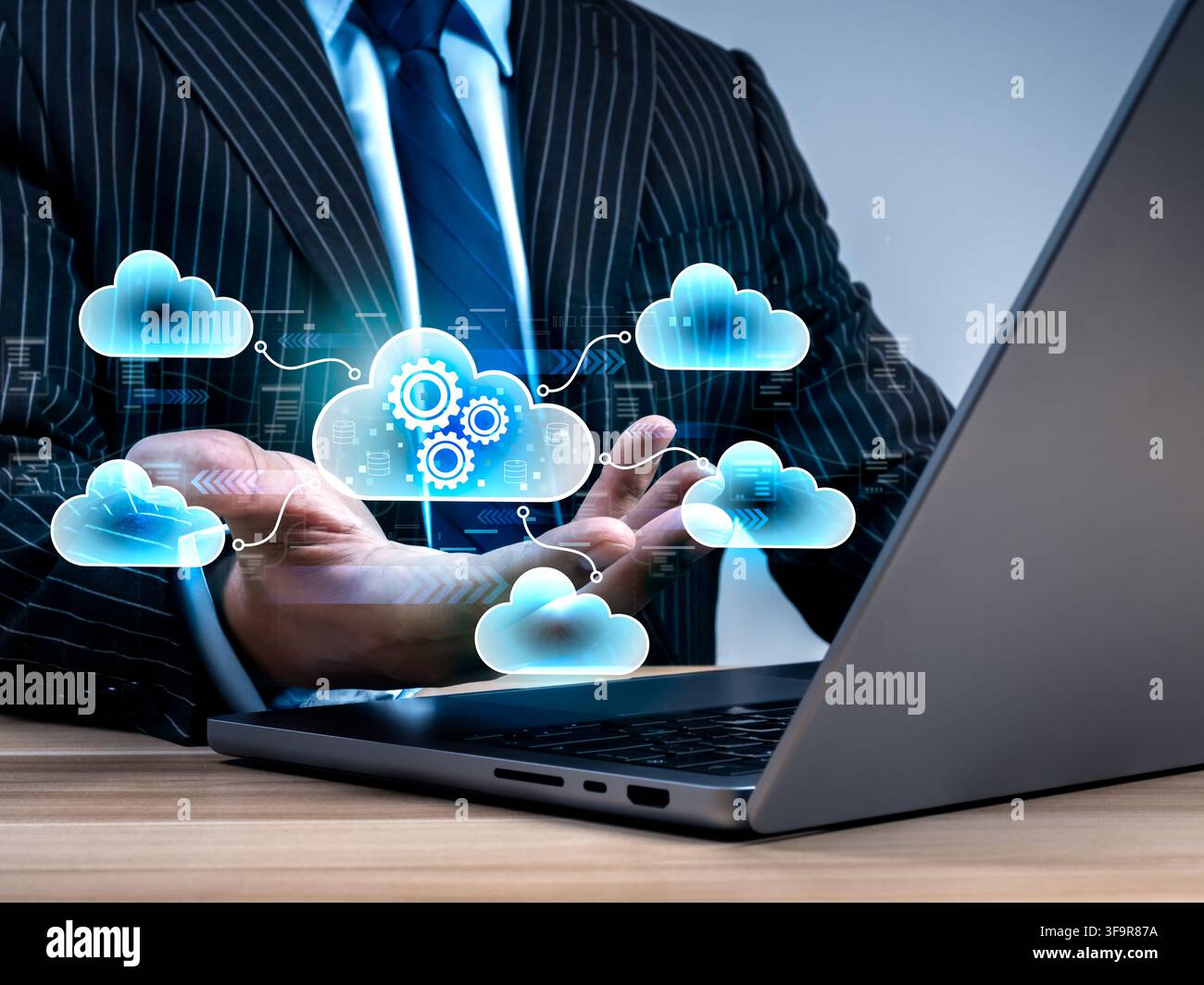 Multi cloud architecture concept for enterprise IT featuring hybrid infrastructure, scalable computing, digital transformation, automated deployment, Stock Photo