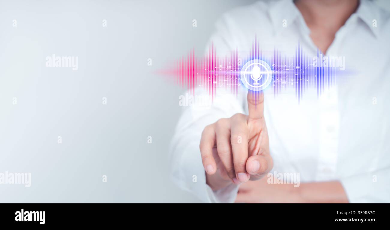 Business user interacting with AI voice assistant interface featuring speech recognition, natural language processing, large language model, voice com Stock Photo
