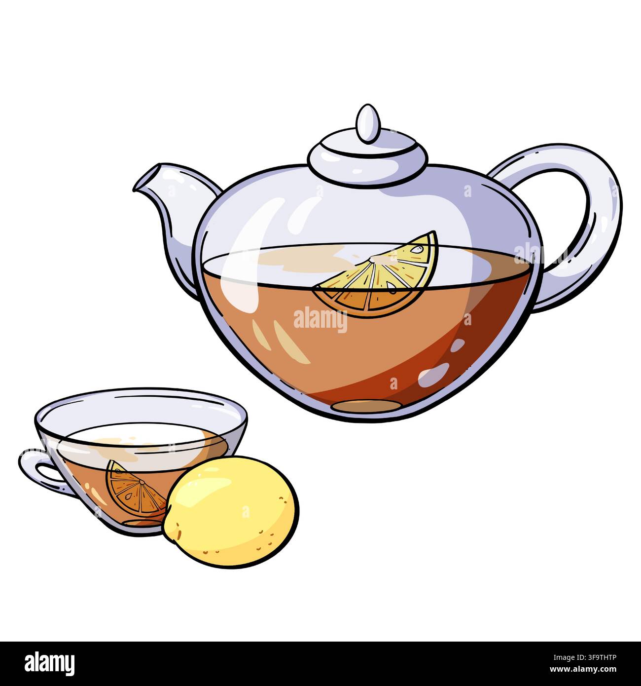 Lemon Tea Vector Set with Glass Teapot Cup and Citrus Elements Stock Vector