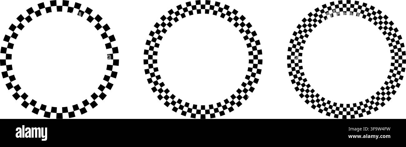 Checkered circle frames set. Circle frame with checkerboard geometric pattern. Round chess border with black and white square pattern. Round race Stock Vector