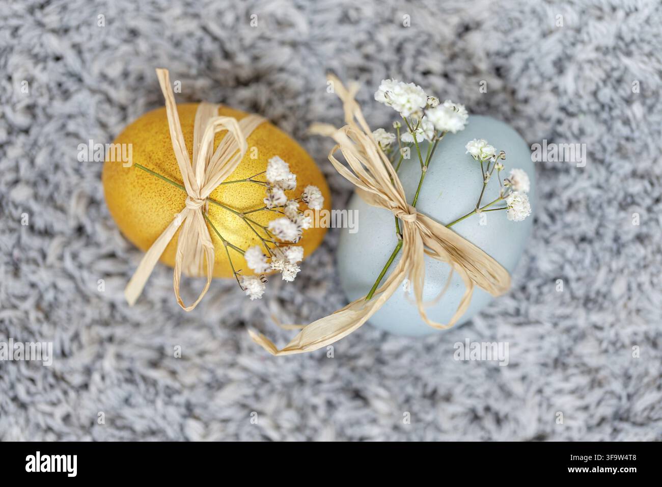 Two colored Easter eggs, festive decoration. High resolution photo Stock Photo