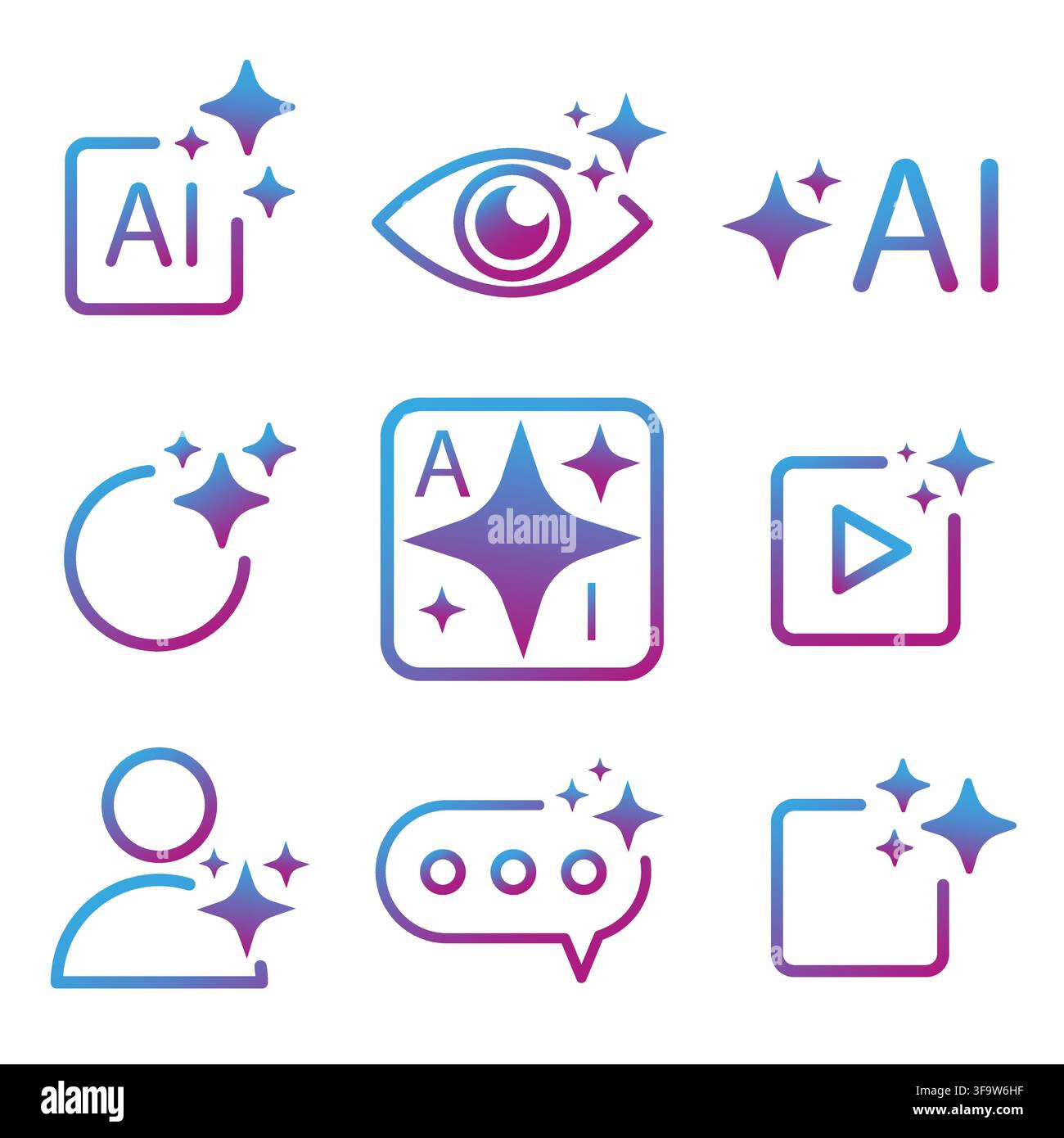 Artificial intelligence technology gradient vector set features magic sparkles. It highlights smart automated algorithm tools Stock Vector
