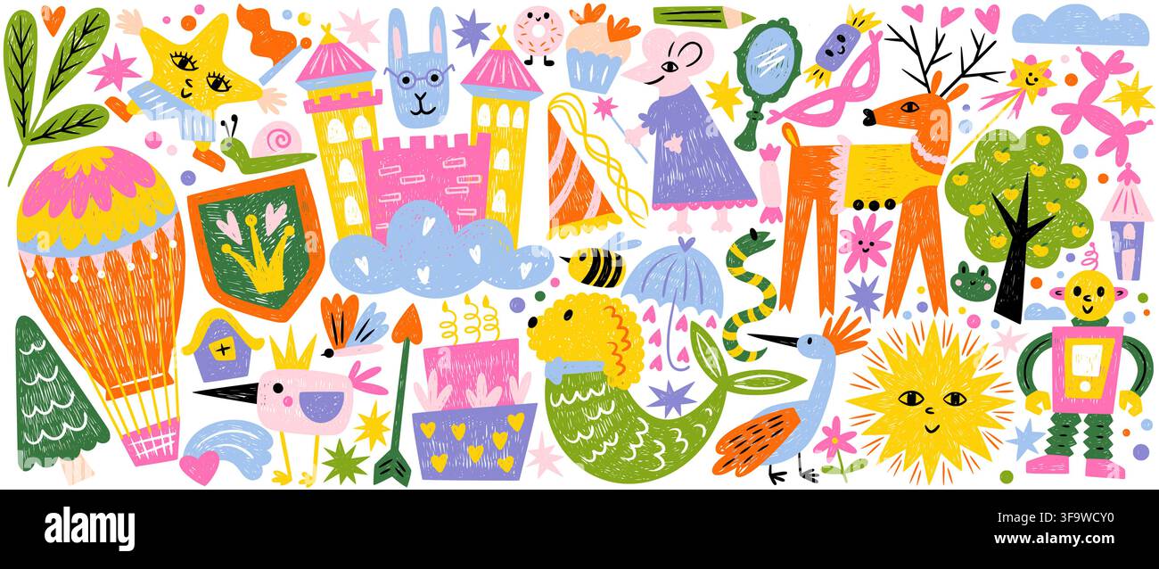 Fantasy crayon animals drawn on white background. Vector cartoon illustration of fairy tale castle, cute pastel pattern with deer, mouse, robot and birds, sun, tree and stars, child room design Stock Vector