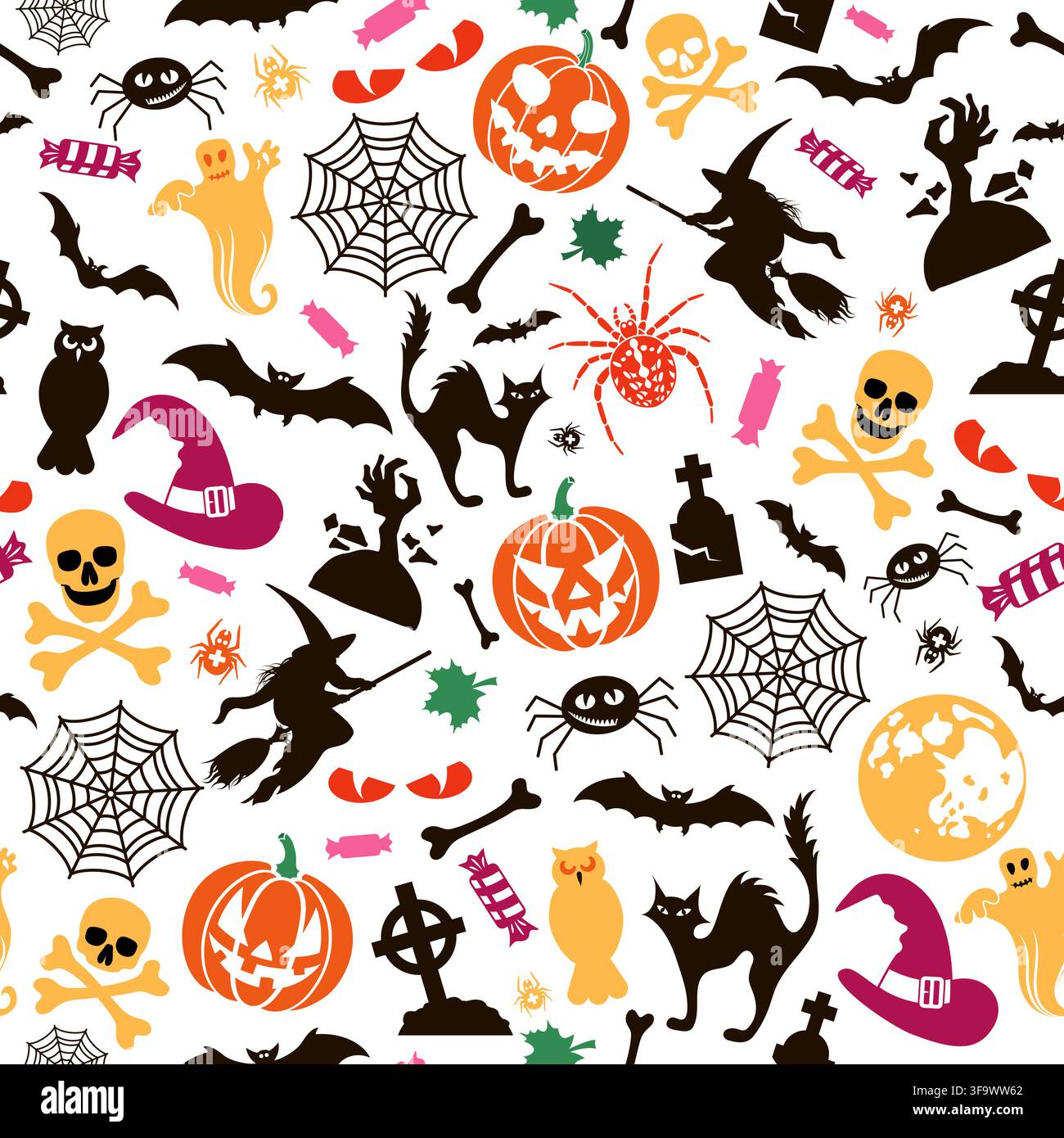 Seamless Halloween Pattern with bats, ghost and pumpkin. Isolated vector illustration Stock Vector