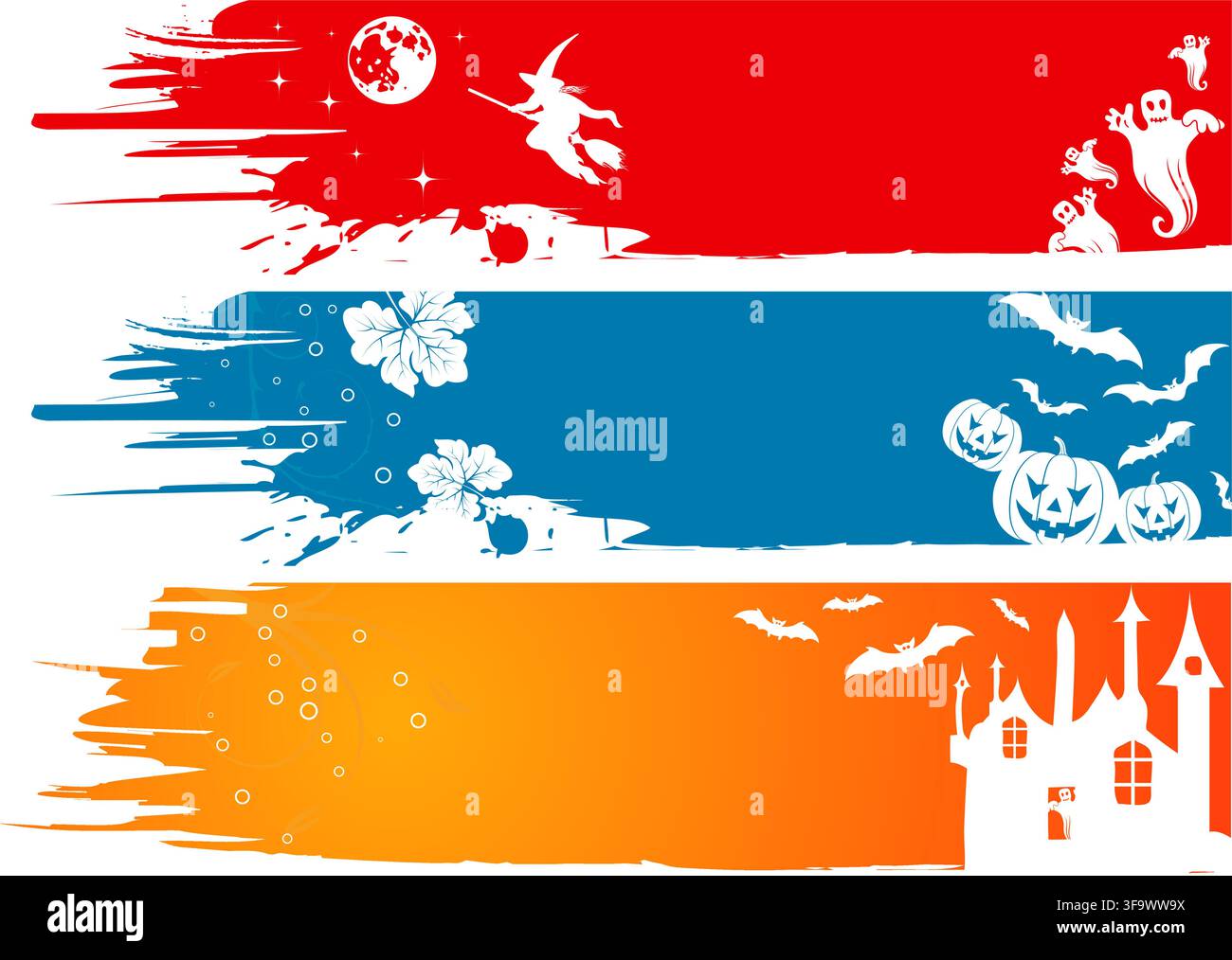 Three grunge Halloween frame with bat, pumpkin, witch, ghost, element for design, vector illustration Stock Vector