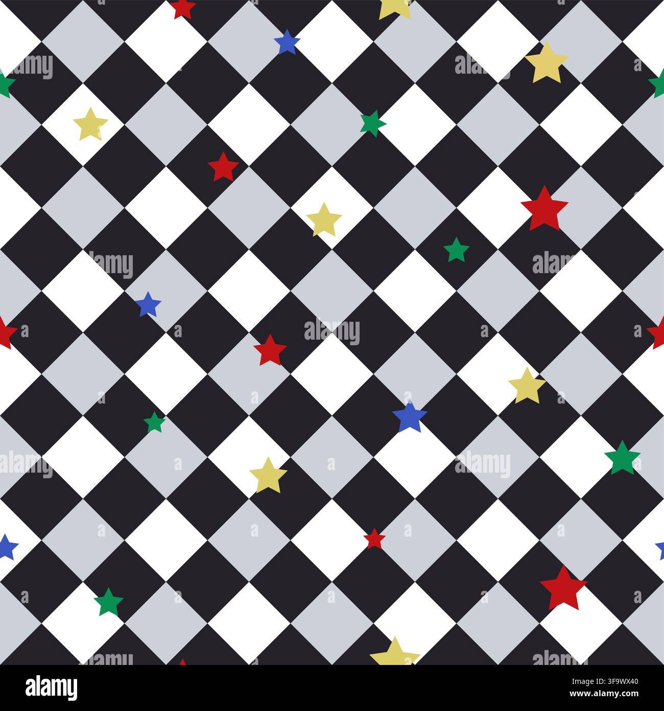 Plaid check black and white pattern with stars. Seamless fabric design pattern Stock Vector
