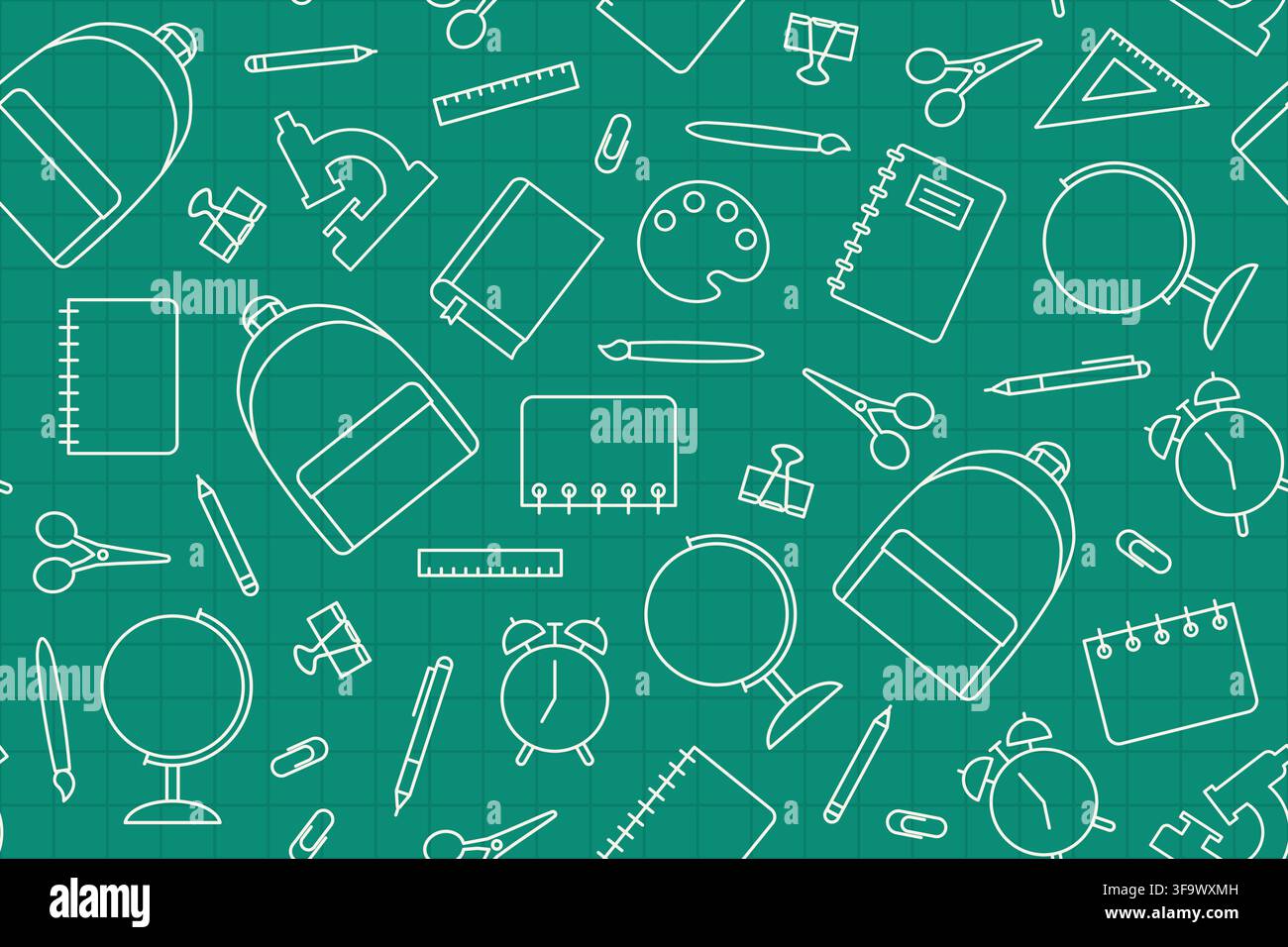 back to school banner seamless pattern with alarm clock, ruler, scissors, clips, pen, pencil, notebook, scissors, backpack and globe icons - vector il Stock Vector