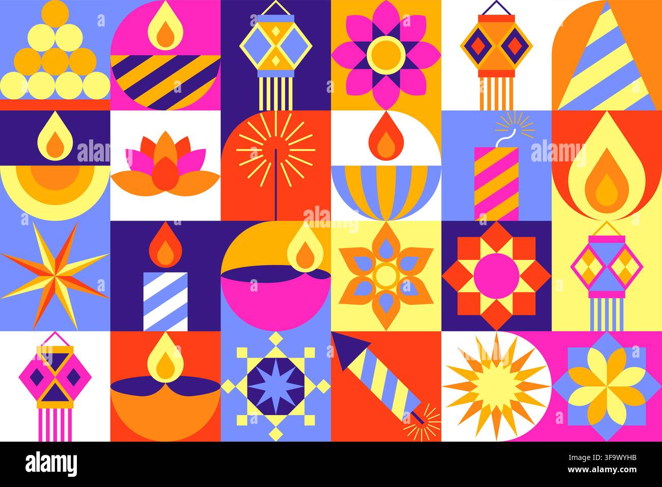 Diwali Icon Pattern with Multicolor Grid and Diya Lamp Vector Illustration Stock Vector