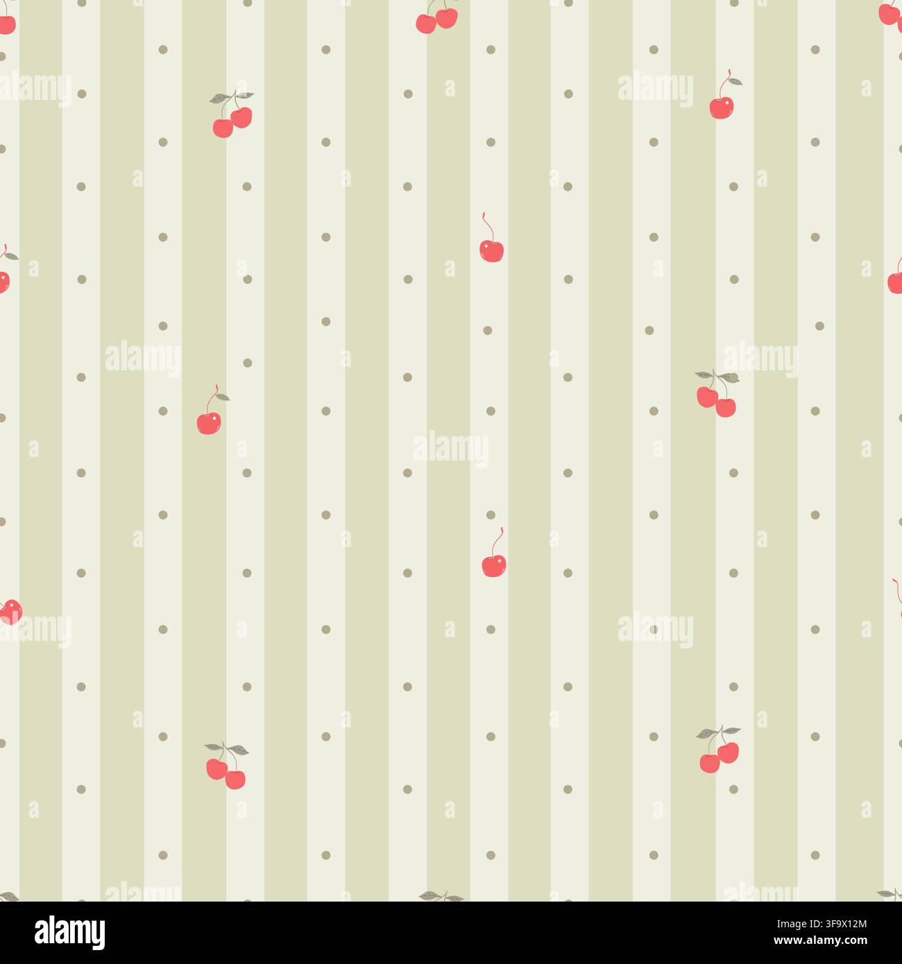 Green and white stripe pattern tinny cherries pattern Stock Vector