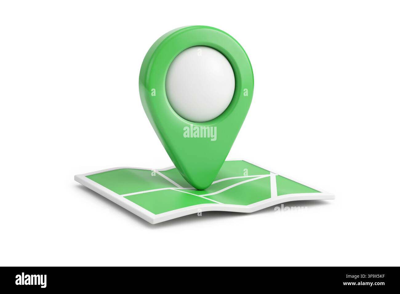 3d rendering of a green map location pin marker with a white circle on a folded map, featuring a glossy smooth surface and soft ambient light. Stock Photo