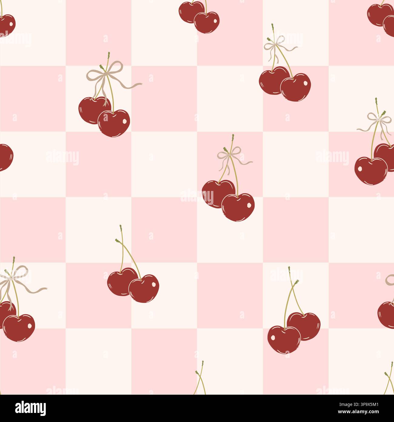 Pink plaid red cherry with bows seamless fabric design pattern. Vector illustration Stock Vector