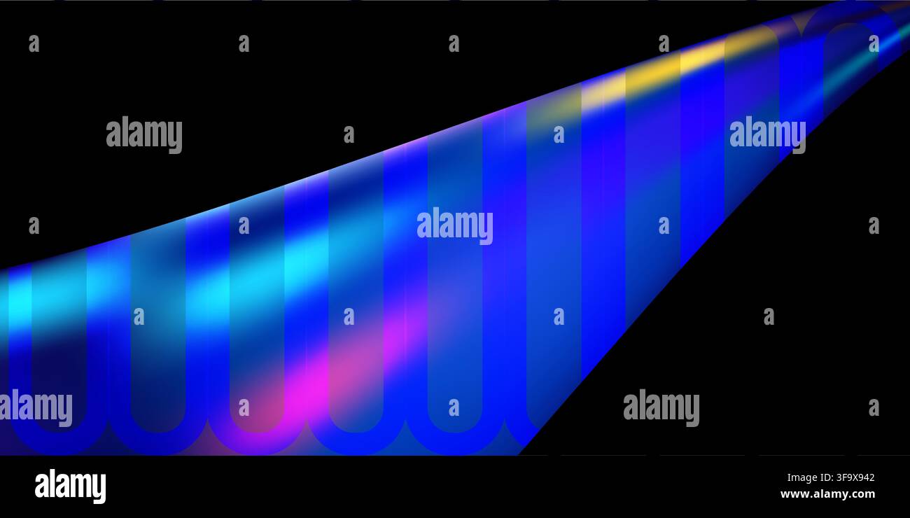 Abstract beam of vibrant blue and purple light glowing against a dark black background Stock Vector