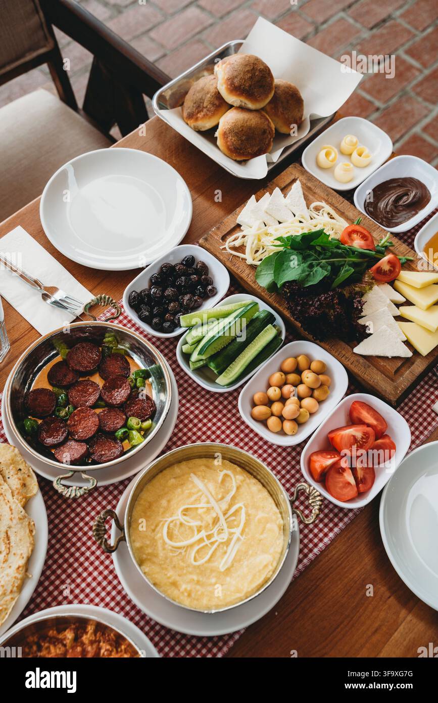 Delicious traditional Turkish breakfast spread on table Stock Photo