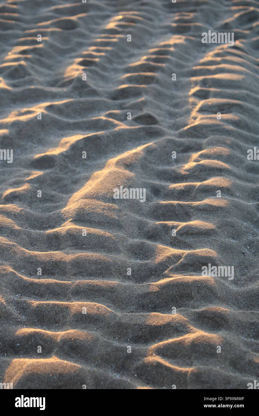 Rippled beach sand glows in golden sunlight Stock Photo