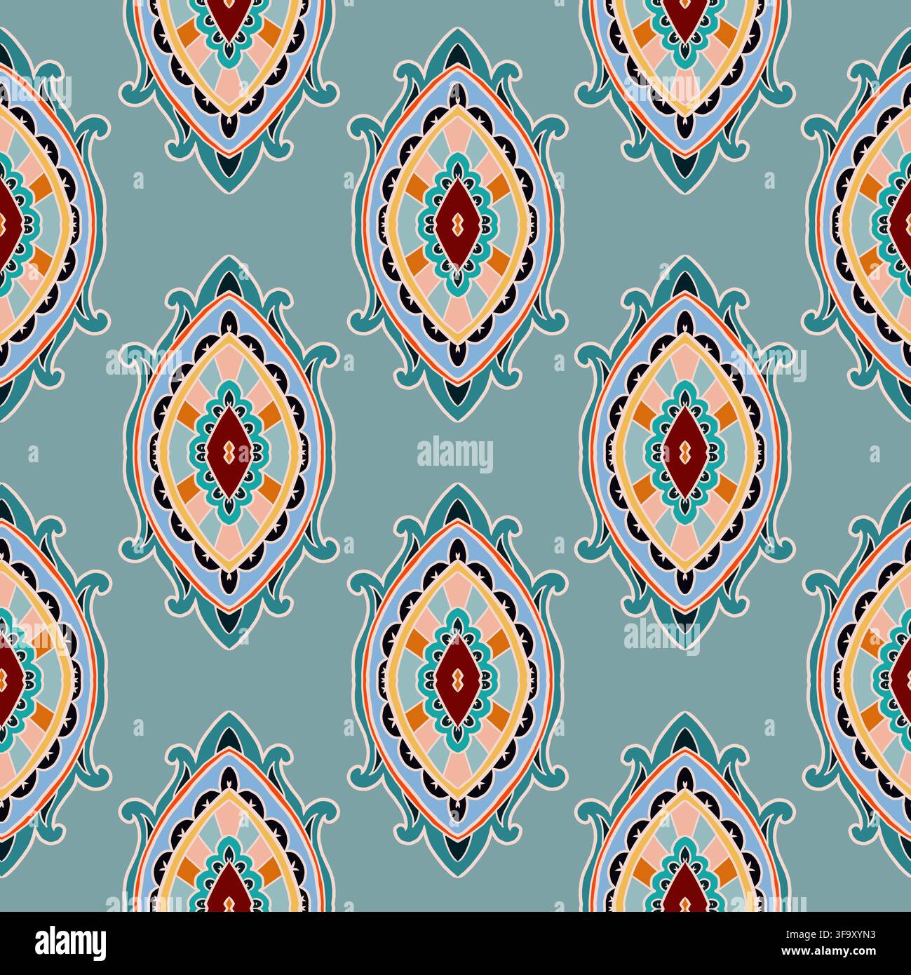 Blue Orange Bohemian Damask Medallion Stock Vector