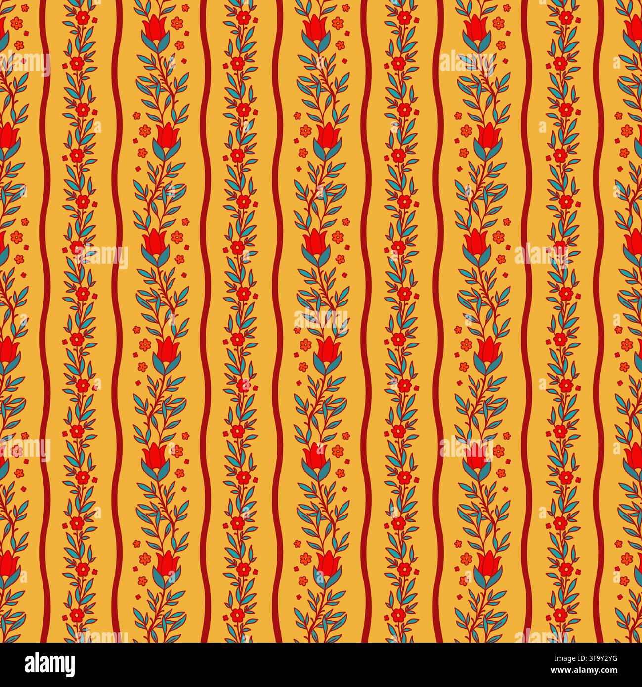 Mustard Vertical Wavy Floral Stripes Stock Vector