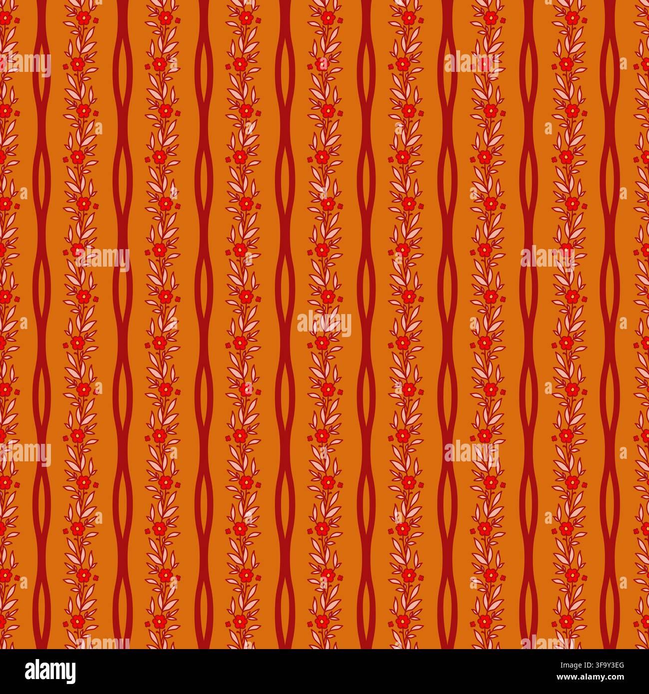 Orange Vertical Wavy Floral Stripes Stock Vector