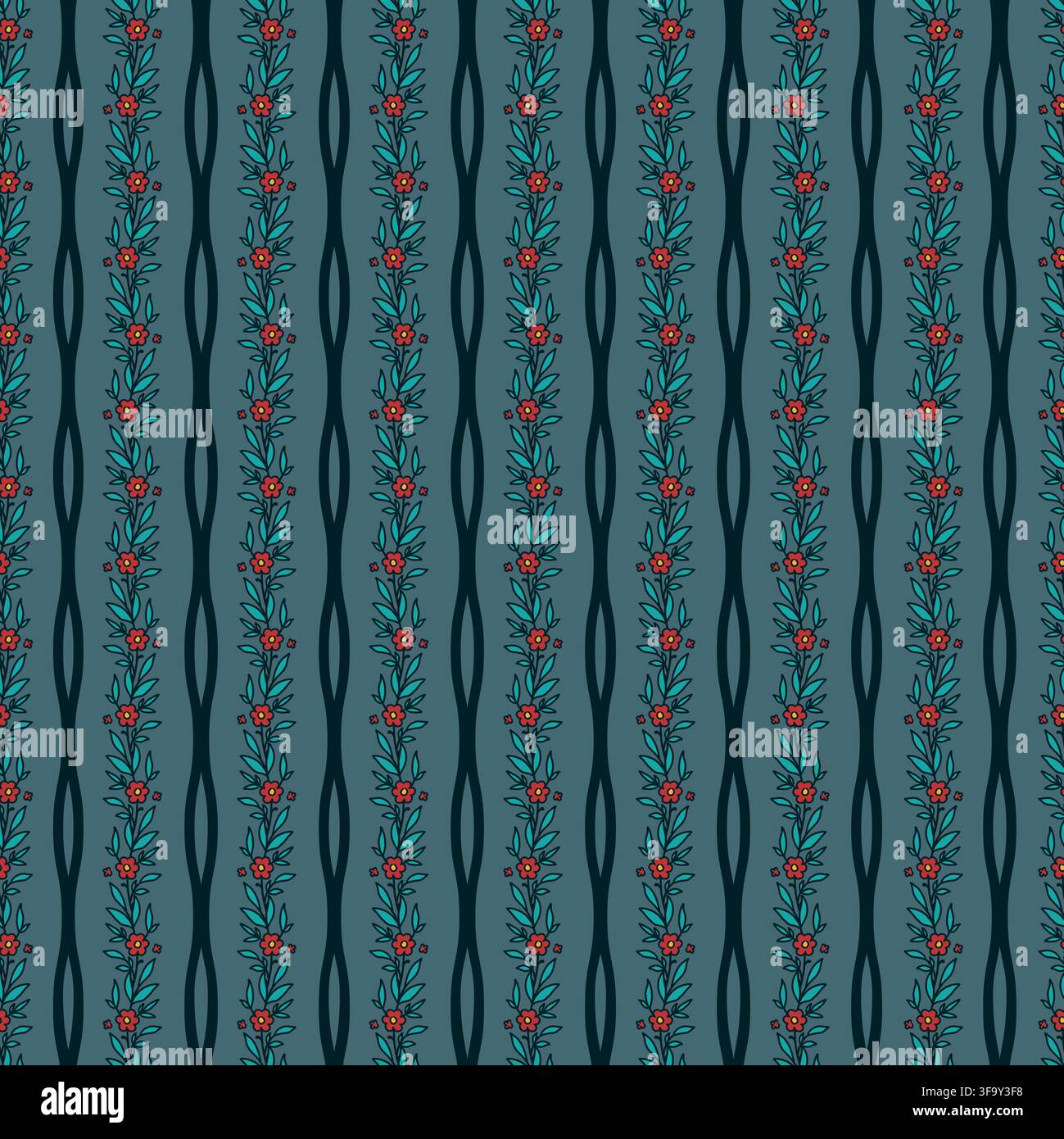 Teal Vertical Wavy Botanical Vines Stock Vector
