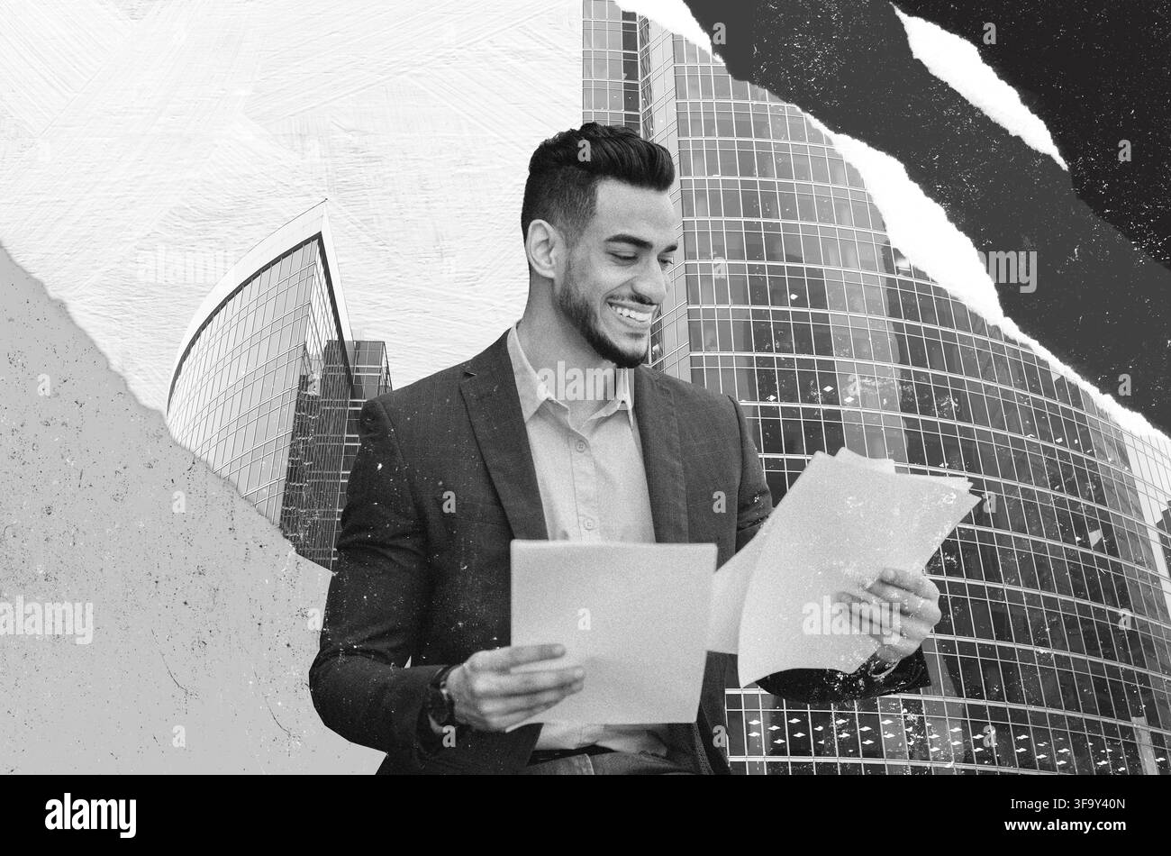 Smiling Middle Eastern Man In Suit Reviewing Documents At Office, Business Concept Stock Photo