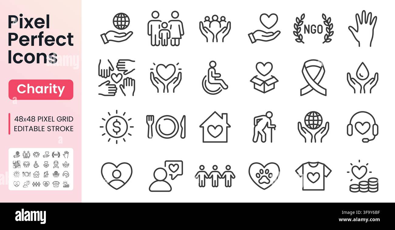 Charity line icon set. Donation, volunteer, NGO, humanitarian aid, food, shelter and fundraising linear minimal vector illustration. Simple outline Stock Vector