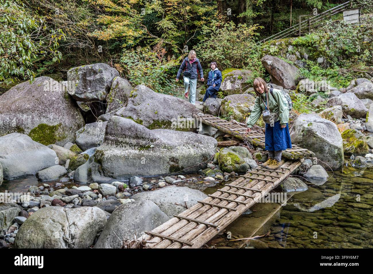 Hikers cross the Maruta-bashi (丸太橋), a narrow log bridge over the Sukumogawa river on the Sukumogawa Nature Trail near Hakone, Kanagawa Prefecture, Japan. Stock Photo