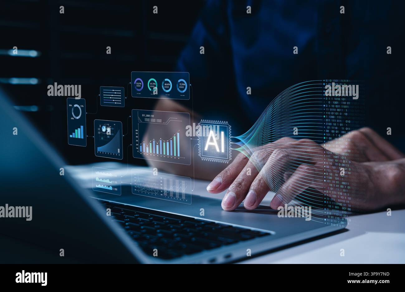 Artificial intelligence data analytics concept. Professional using laptop with dashboard, machine learning charts, real time data processing to genera Stock Photo