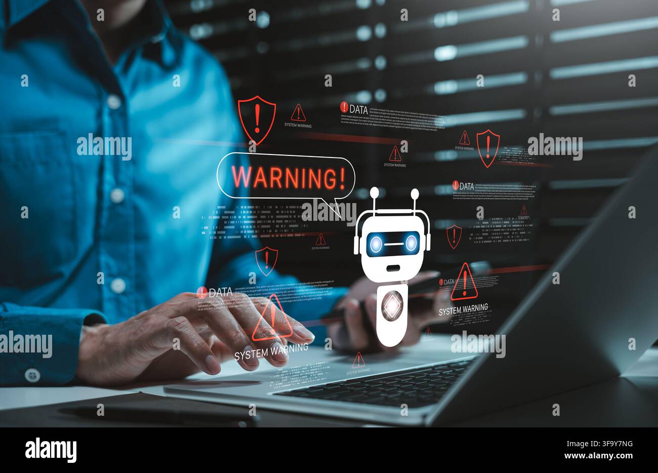 AI cybersecurity warning concept. Person using laptop with chatbot detects system threats, data breach alerts, malware risks, network errors, digital Stock Photo