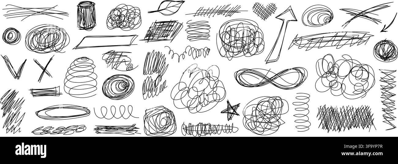 Pen doodles and scribbles form chaotic handwritten textures vector illustration set. Stock Vector