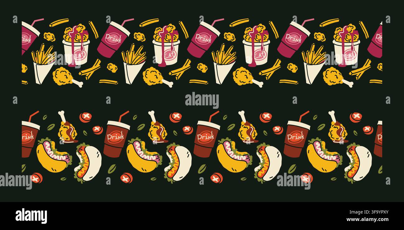 Fast food seamless borders set on dark background hand drawn vector Stock Vector