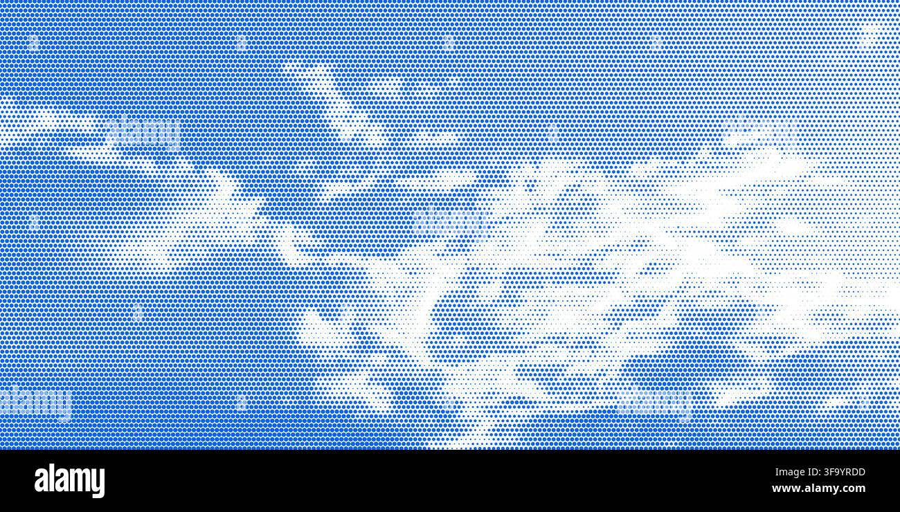 Halftone cloud sky on blue backdrop with pixelated texture vector illustration background. Stock Vector