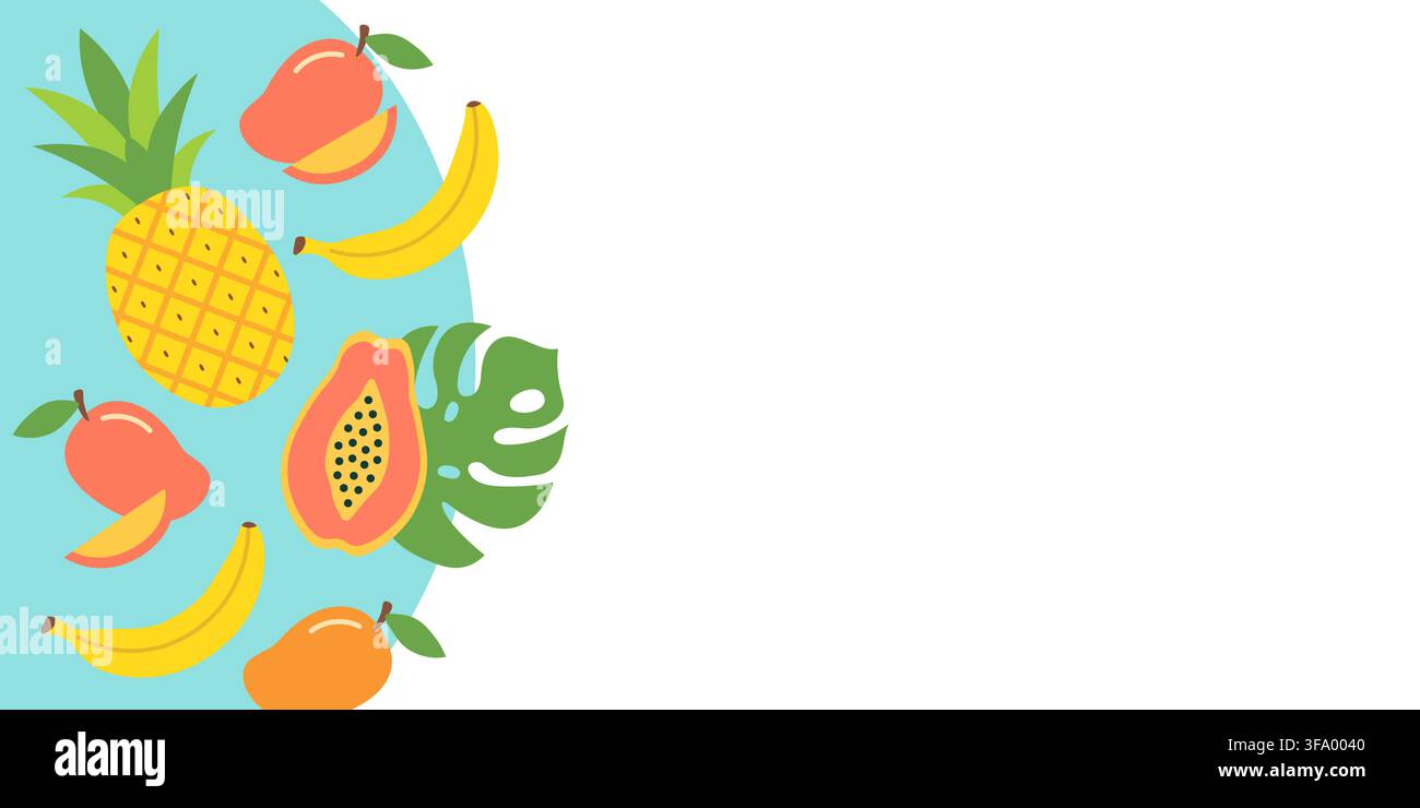 A banner featuring exotic tropical fruits—pineapple, mango, banana, papaya, and a palm leaf. A flat-design background suitable for banners. Stock Vector