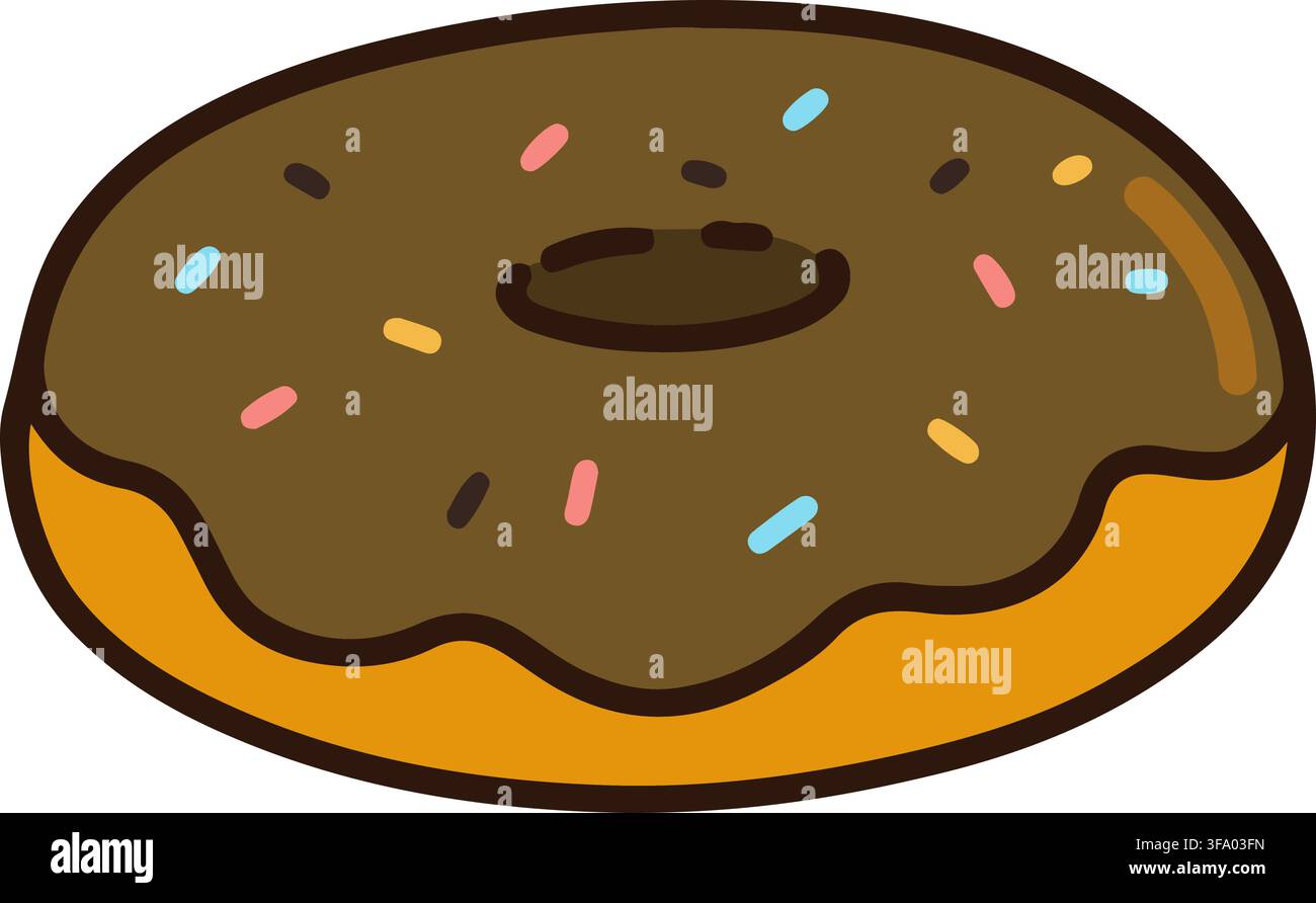 Outlined chocolate flavored doughnut with colorful sprinkles on top Stock Vector