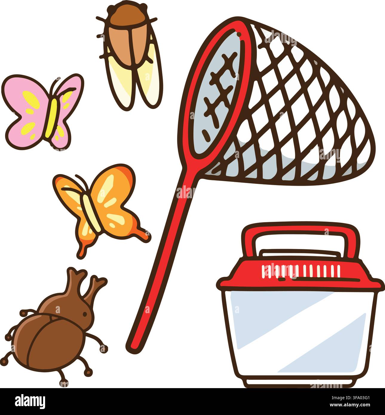 Butterfly net and bugs Red set Stock Vector