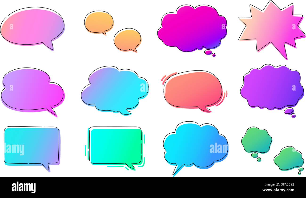 Simple and Pop Hand drawn Gradient Colored Speech Bubbles with Outlines Stock Vector