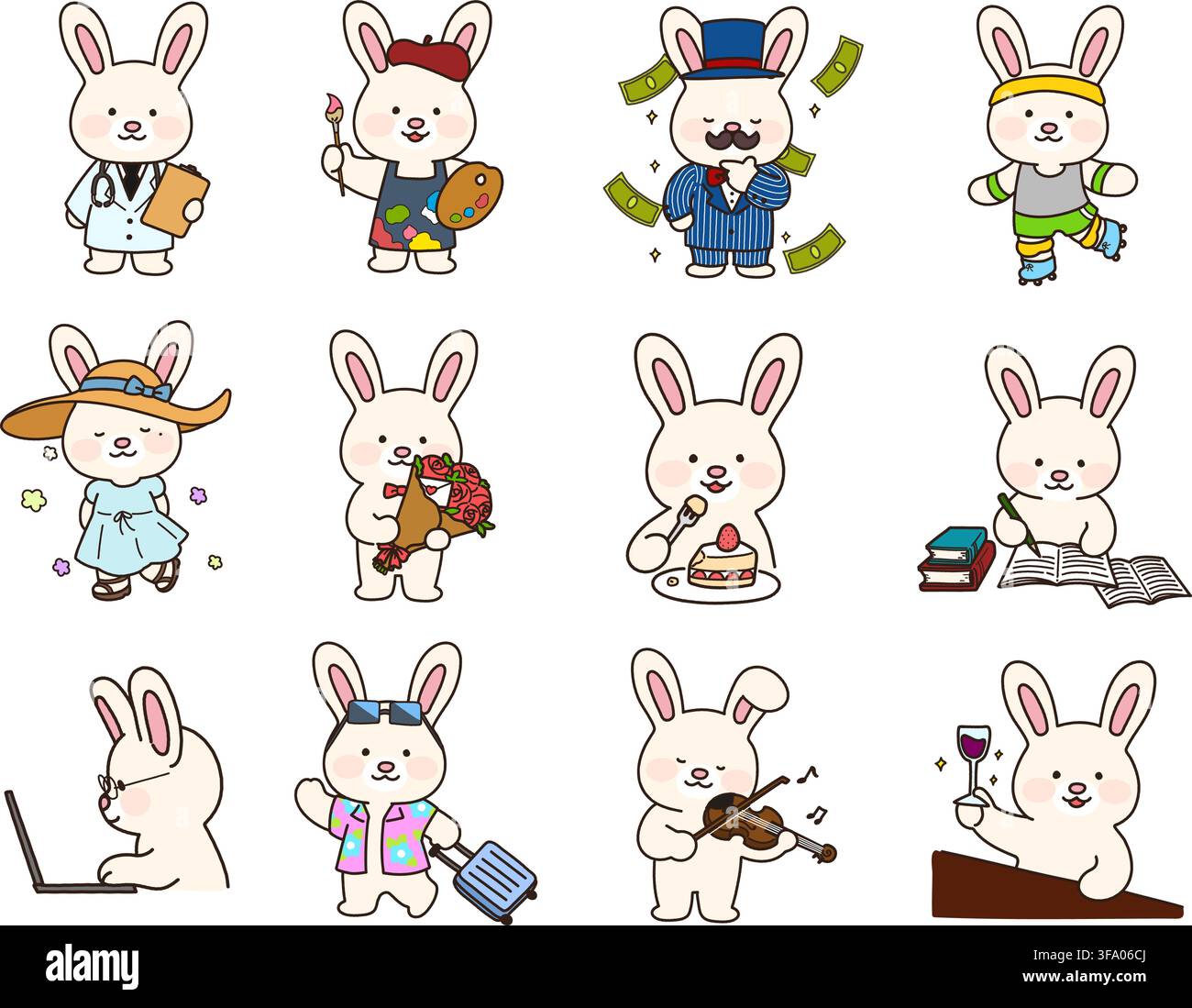 Adorable hand drawn white bunny doing different activities outlined Stock Vector