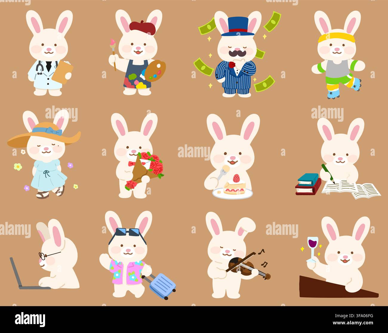 Adorable hand drawn white bunny doing different activities flat colored Stock Vector