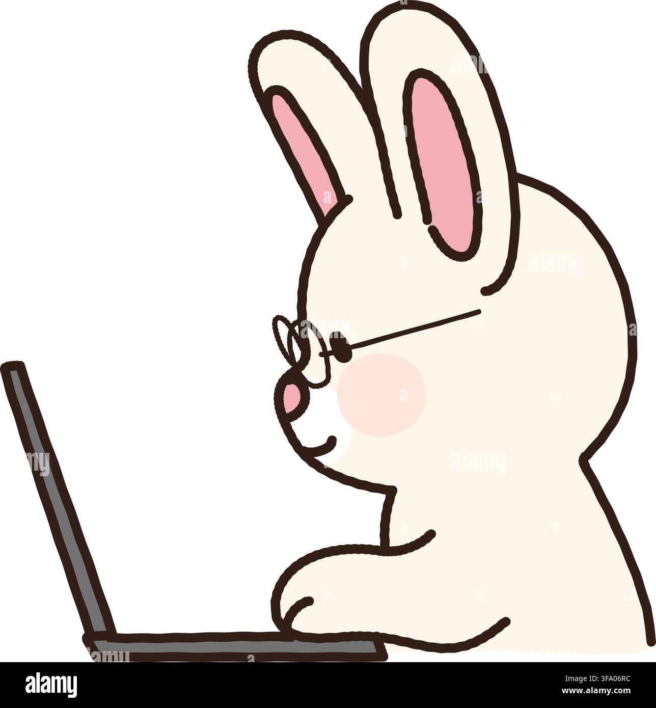 Adorable bunny with glasses on using a laptop outlined Stock Vector