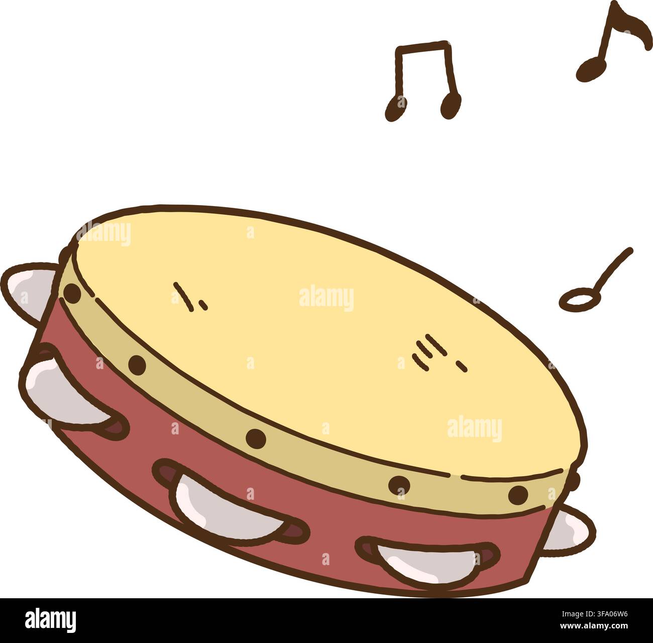 Simple hand drawn tambourine with musical notes outlined Stock Vector