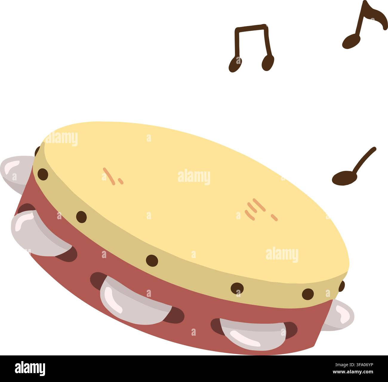 Simple hand drawn tambourine with musical notes flat colored Stock Vector