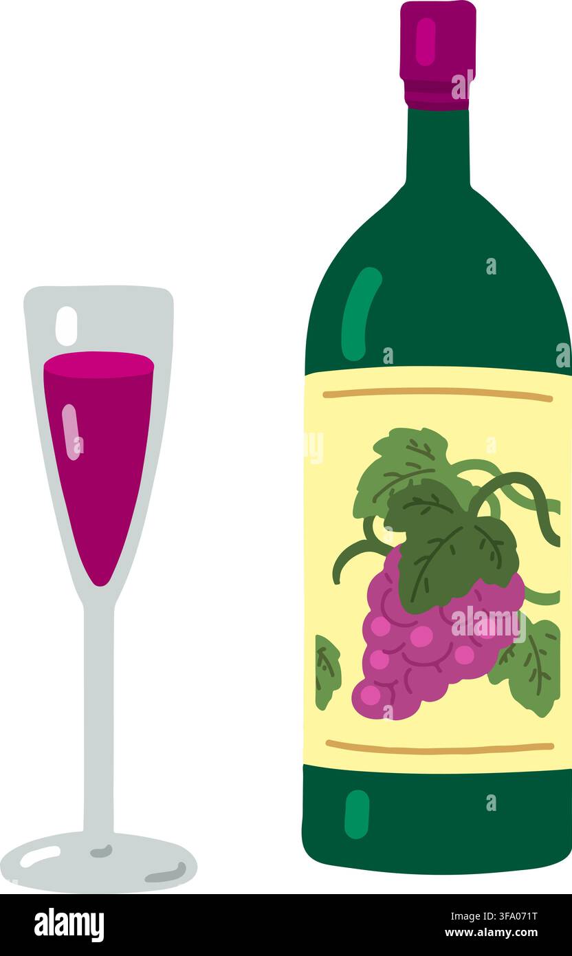 Simple hand drawn wine bottle and wine glass flat colored Stock Vector