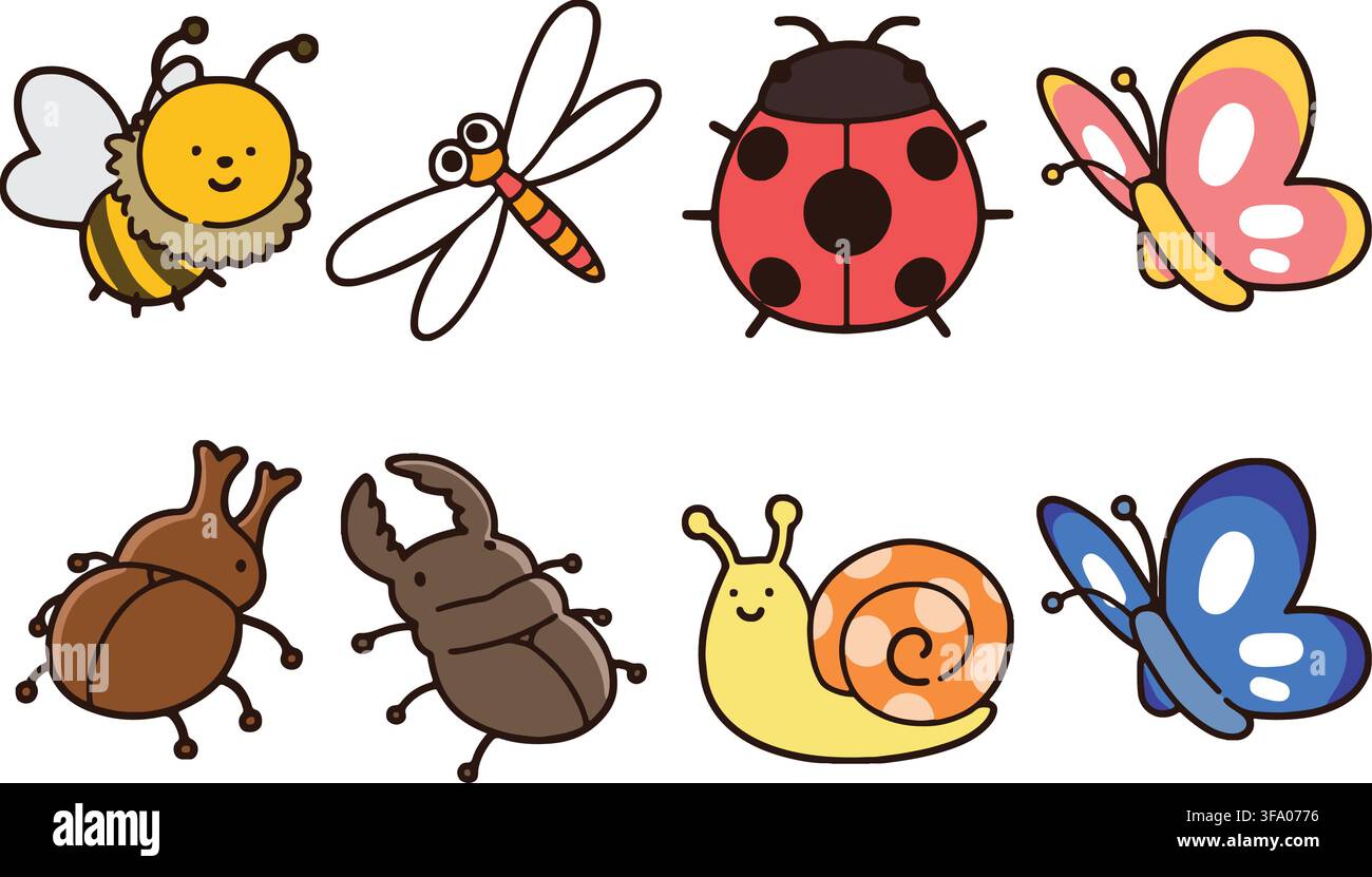 Cute and simple insects set outlined Stock Vector