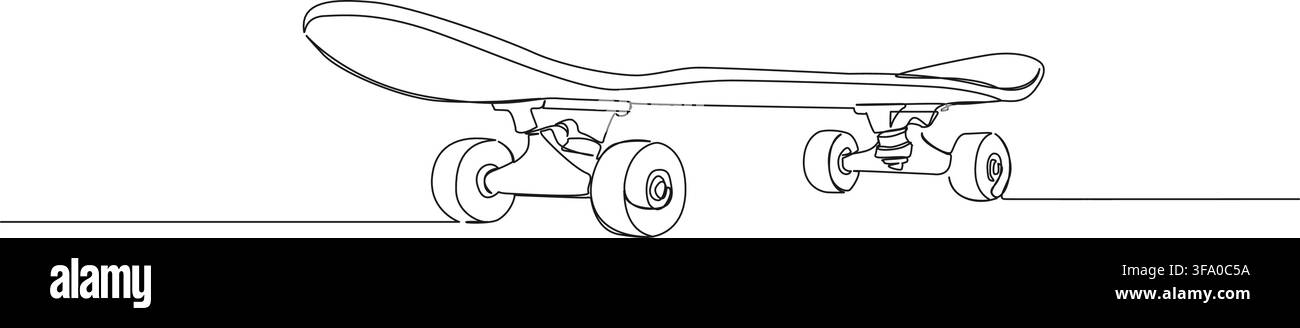 continuous line drawing of a skateboard, low angle view, minimal line art vector illustration Stock Vector