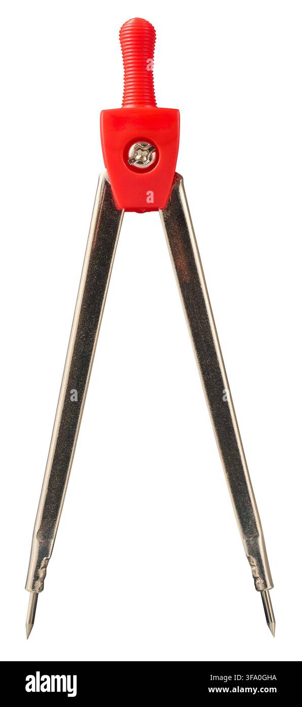 red metal drawing compass isolated white background, geometry divider tool with sharp points and plastic handle, side view Stock Photo