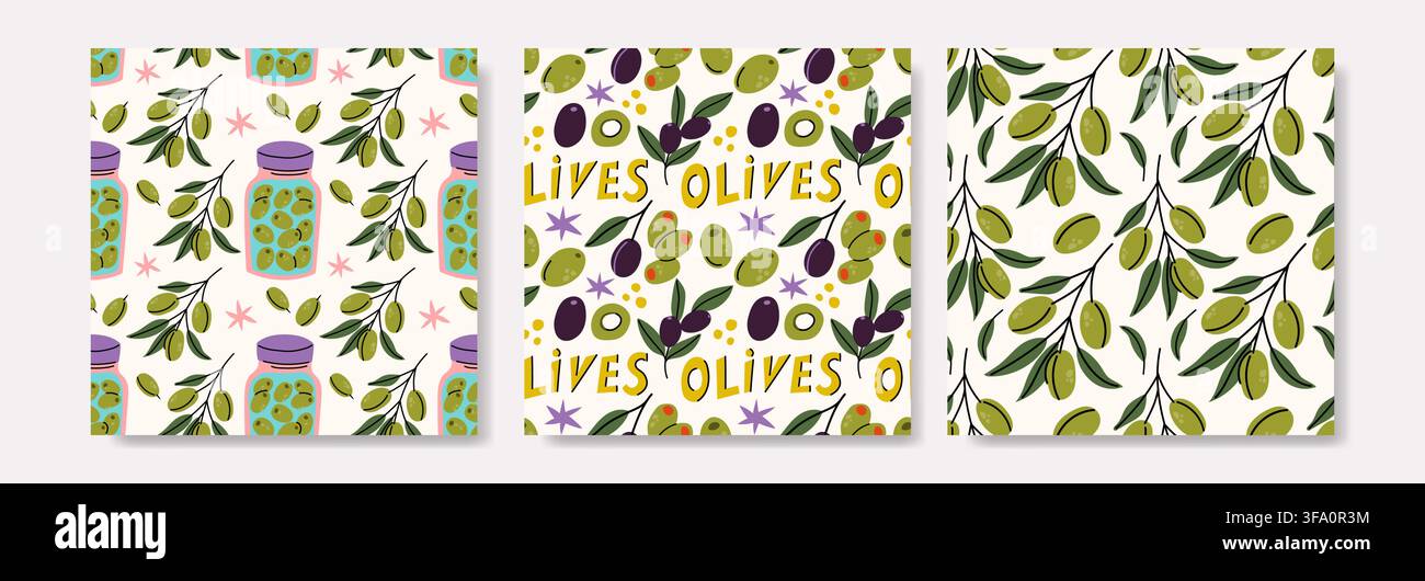 Green And Black Olive Seamless Pattern Set Stock Vector