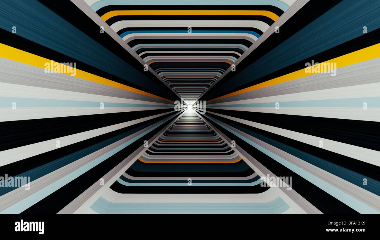 Geometric blue, yellow, black and white lines race toward a bright vanishing point in a futuristic abstract tunnel. Stock Photo