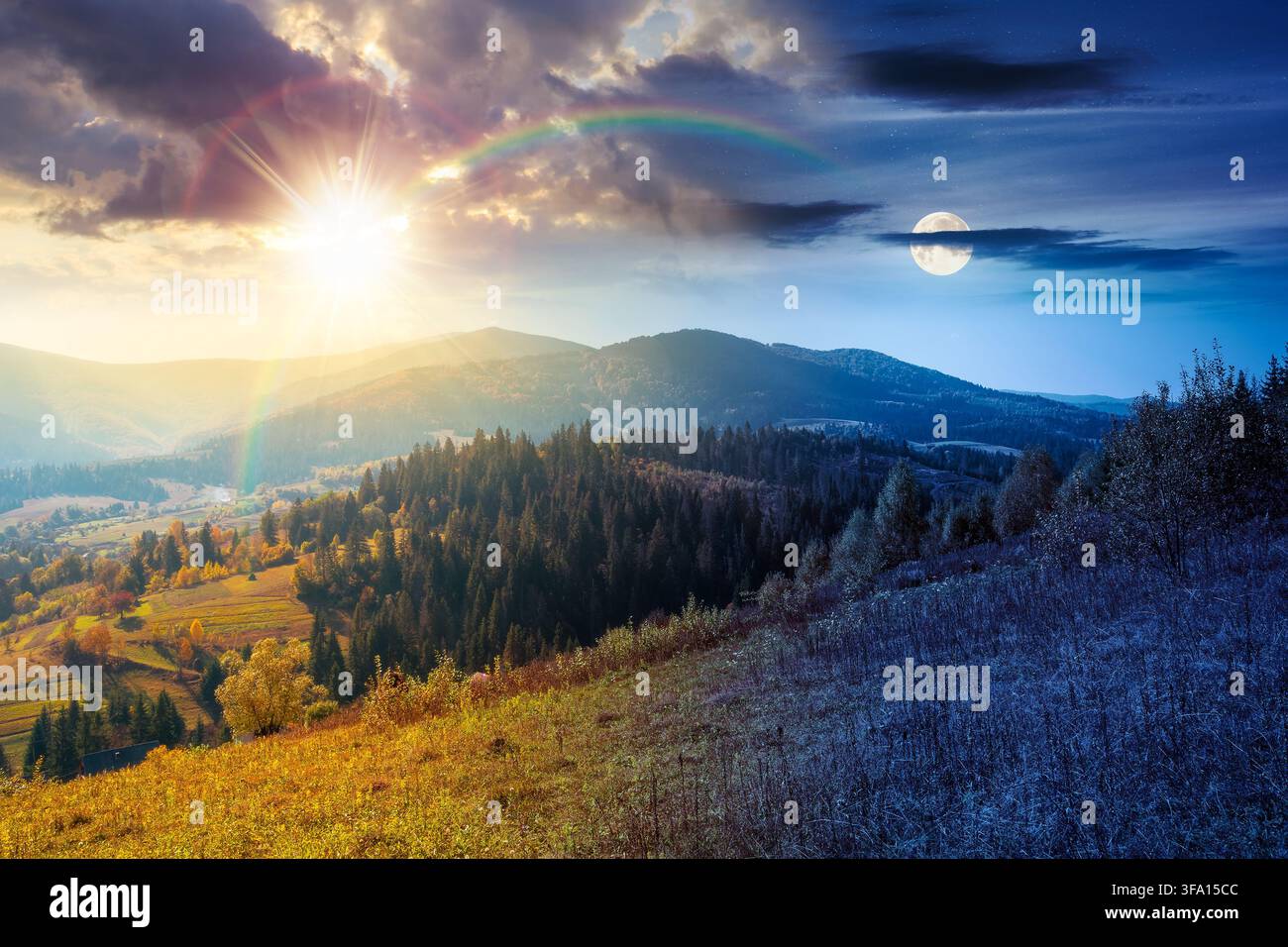 countryside mountain landscape on autumn equinox. weathered grassy field on a hill near forest. rural background. alpine highland of ukraine at twilig Stock Photo